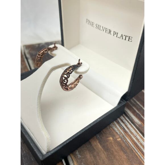 Women's Small Hoop Earrings Copper Colored Silver Plated Filagree - Picture 4 of 7